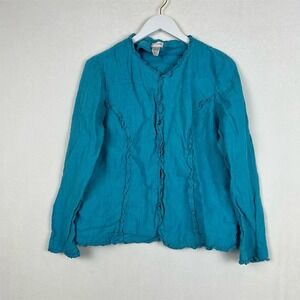 Chicos Size 2 (L/12) 100% Linen Ruffle Trim Button Front Jacket Teal Blue Boho